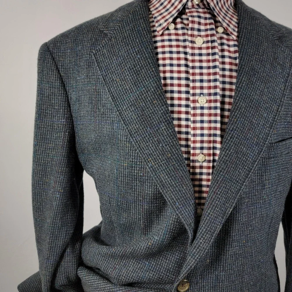VTG Evan Picone Men's Tweed Sport Coat Blazer‎ Two Button Navy Plaid Wool Sz 44L
